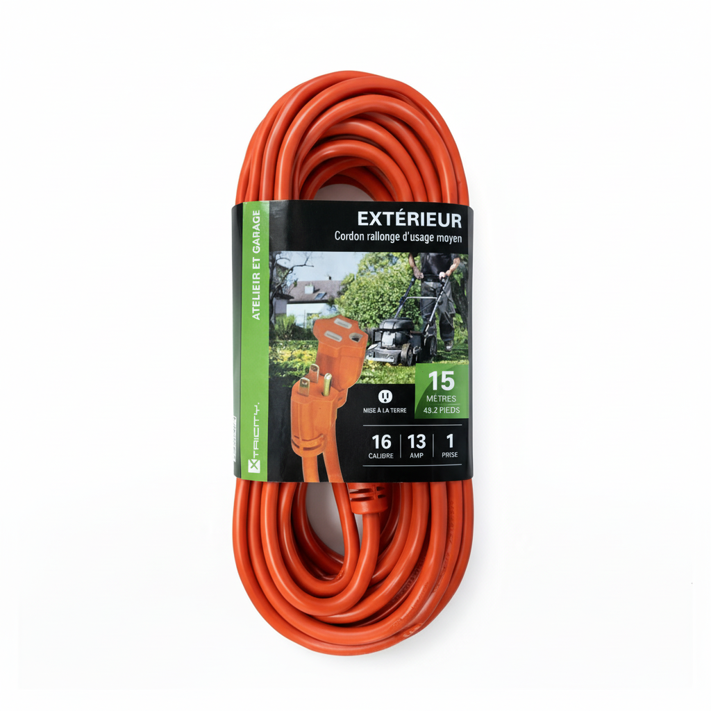 Rallonge électrique extérieure 16 AWG – 4,5 m / 10 m / 15 m / 30 m – Usage moyen – Mise à la terre
