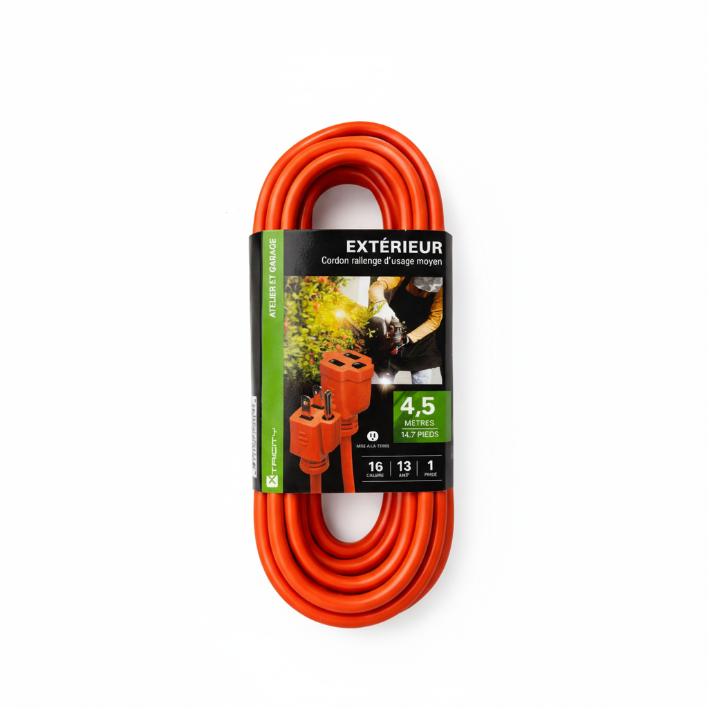 Rallonge électrique extérieure 16 AWG – 4,5 m / 10 m / 15 m / 30 m – Usage moyen – Mise à la terre